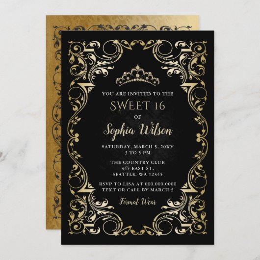 ヴィンテージブラック金ゴールドプリンセスティアラスウィート16 招待状 (正面/裏面)