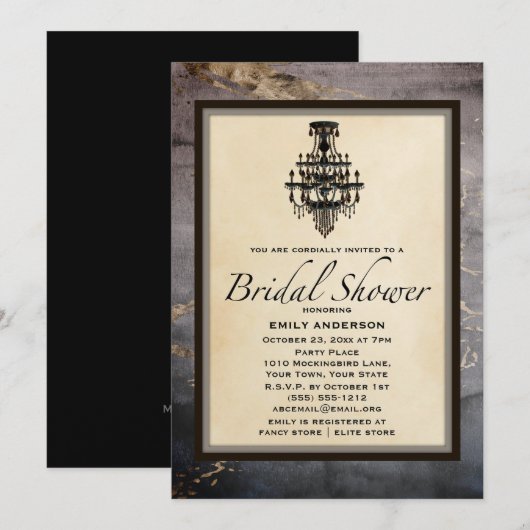 ヴィンテージブラック金ゴールドマーブルシャンデリアブライダルシャワー 招待状 (正面/裏面)