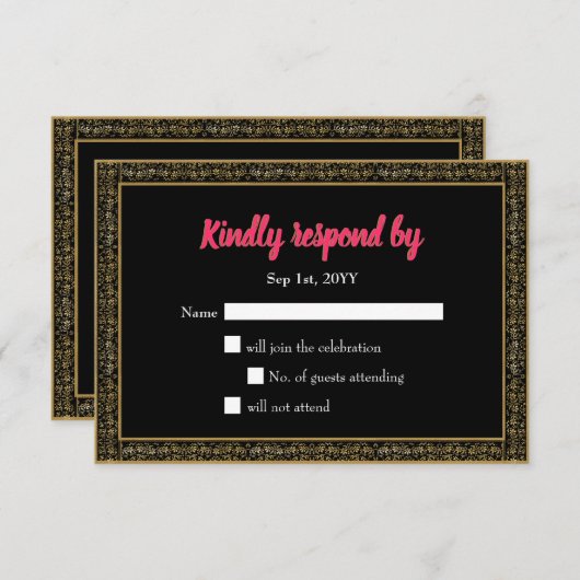 ヴィンテージブラック金ゴールドレースフレームピンクRsvp 出欠カード (正面/裏面)