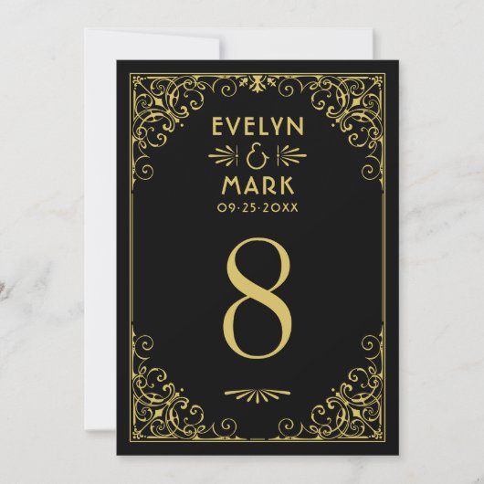 ヴィンテージブラック金ゴールド結婚アールデコのテーブル番号 招待状 (正面)