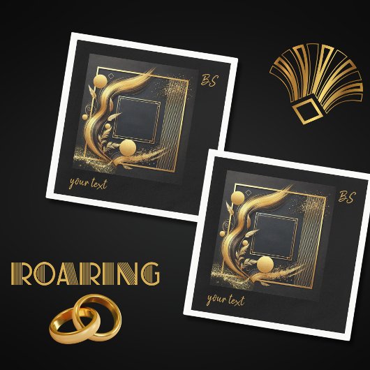 ヴィンテージブラック金ゴールド結婚1920s スタンダードカクテルナプキン