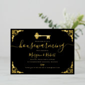 ヴィンテージブラック金ゴールド鍵引っ越し祝いパーティーパーティー 箔招待状 (立ち正面)