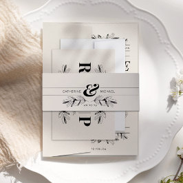 ヴィンテージブラック&クリームボタニカルエレガントな結婚式 招待状ベリーバンド