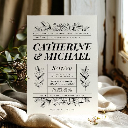 ヴィンテージブラック&クリームボタニカルエレガントな結婚式 招待状