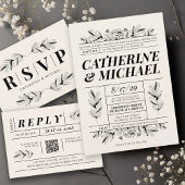 ヴィンテージブラック&クリームボタニカルエレガントな結婚式 招待状