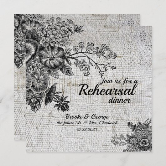ヴィンテージブラック/グレーフラワーリハーサルディナーカード 招待状 (正面/裏面)