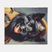 ヴィンテージブラック・ドイツ絵画羊飼い フリースブランケット (正面(横))