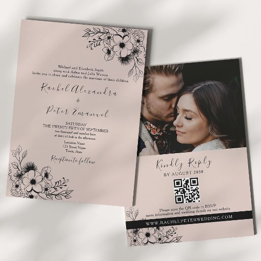 ヴィンテージブラック&ピンクオールインワン結婚ズ 招待状