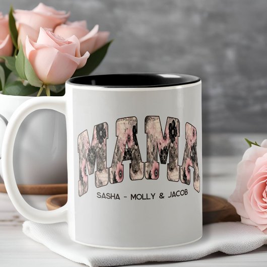 ヴィンテージブラック/ピンクフローラレース多様性スタイルママ ツートーンマグカップ