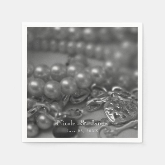ヴィンテージブラック&ホワイトエレガントパール結婚ズ スタンダードカクテルナプキン (正面)