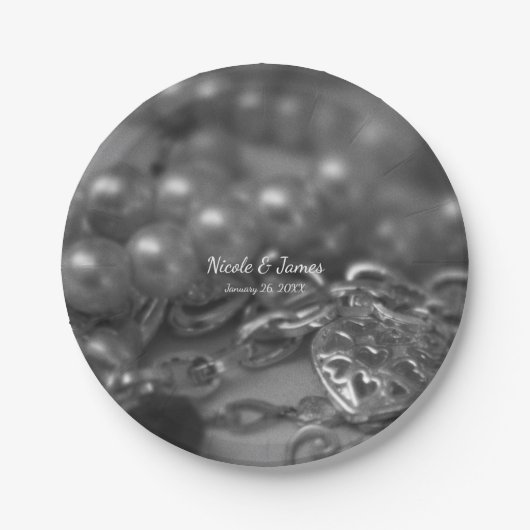 ヴィンテージブラック&ホワイトエレガントパール結婚ズ ペーパープレート (正面)
