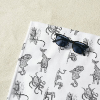 ヴィンテージブラック&ホワイトシーモンスターラインアートビーチ ビーチタオル