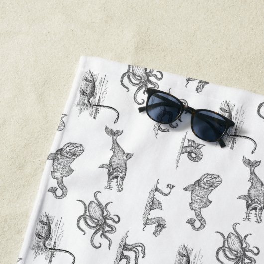 ヴィンテージブラック&ホワイトシーモンスターラインアートビーチ ビーチタオル (インサイチュ)