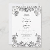 ヴィンテージブラック&ホワイトタペストリー結婚フローラ 招待状 (正面)