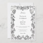 ヴィンテージブラック&ホワイトタペストリー結婚フローラ 招待状 (正面)