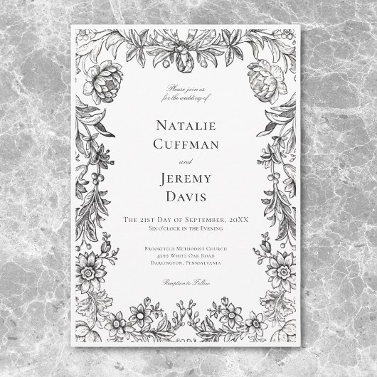 ヴィンテージブラック&ホワイトタペストリー結婚フローラ 招待状