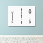 ヴィンテージブラック&ホワイトフォークナイフスプーンキッチンアート キャンバスプリント (インサイチュ (ウッドフロア))