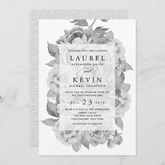 ヴィンテージブラック&ホワイトフローラ結婚式招待状 招待状 (正面/裏面)