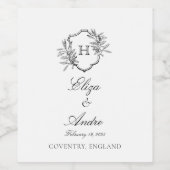 ヴィンテージブラック&ホワイトモノグラムオリーブ結婚ズ ワインラベル (シングルラベル)