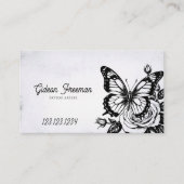 ヴィンテージブラック&ホワイトローズバタフライタトゥーアーティスト 名刺 (正面)