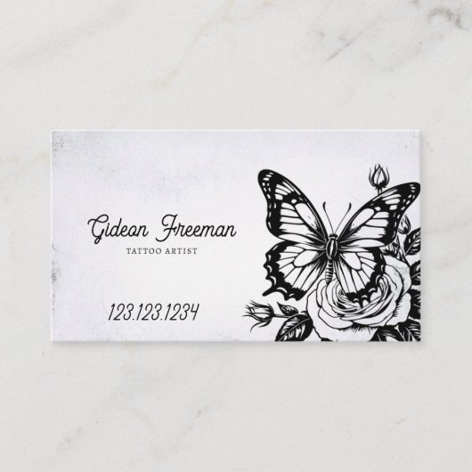 ヴィンテージブラック&ホワイトローズバタフライタトゥーアーティスト 名刺 (正面)