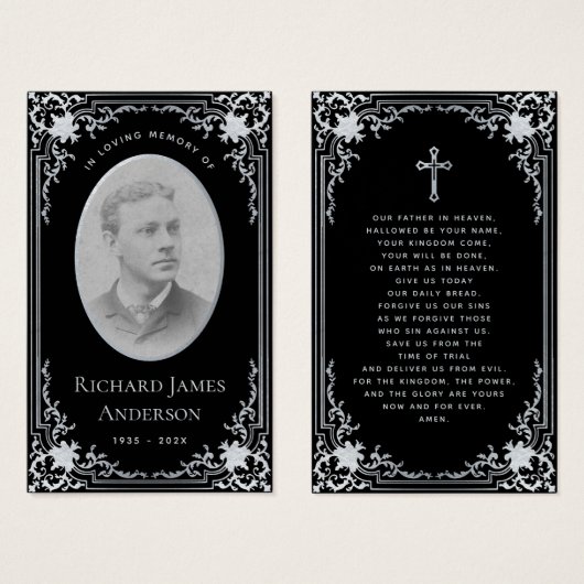 ヴィンテージブラック&ホワイト葬儀記念祈りの言葉カード (正面&裏面)