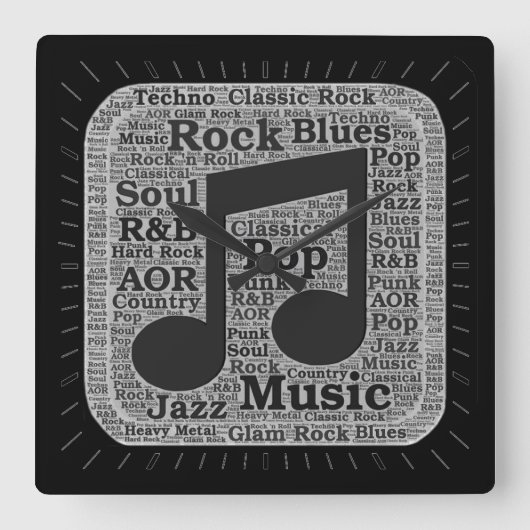 ヴィンテージブラック&ホワイト音楽ジャンル スクエア壁時計 (正面)