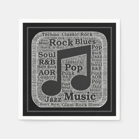 ヴィンテージブラック&ホワイト音楽ジャンル スタンダードカクテルナプキン (正面)