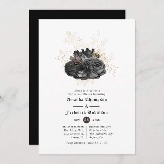 ヴィンテージブラック&金ゴールドフローラリハーサルディナー 招待状 (正面/裏面)