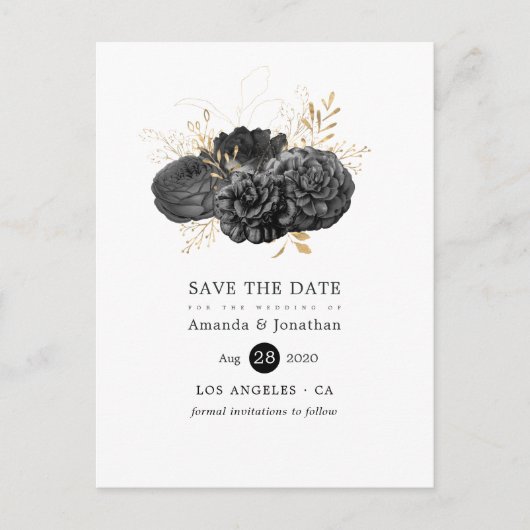 ヴィンテージブラック&金ゴールドフローラ結婚式日付を保存 案内ポストカード (正面)