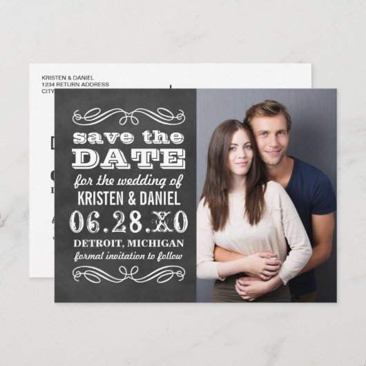 ヴィンテージブラックChalkboard写真Save the Date 案内ポストカード (正面/裏面)