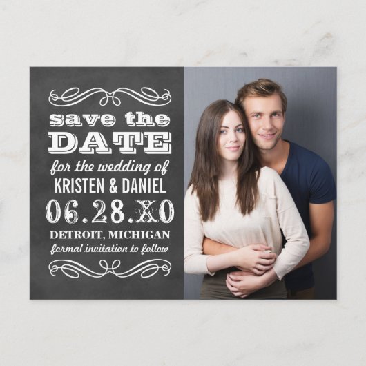 ヴィンテージブラックChalkboard写真Save the Date 案内ポストカード (正面)