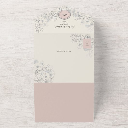 ヴィンテージブラッシュピンクの写真付き結婚式 オールインワン招待状 (外側)