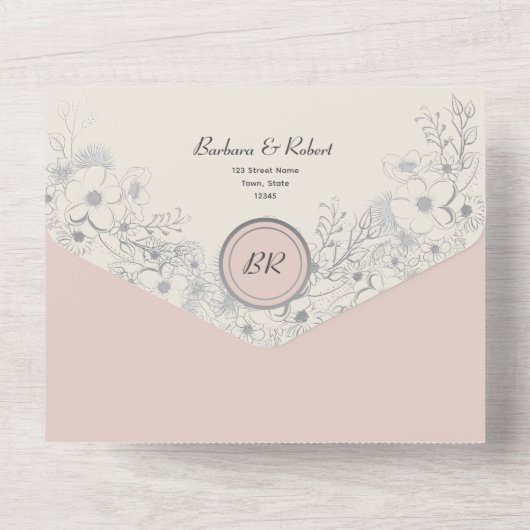 ヴィンテージブラッシュピンクの写真付き結婚式 オールインワン招待状 (裏面)