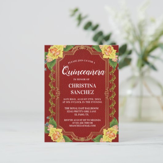 ヴィンテージブルガンディイエローローズキンセアニェラ誕生日 ポストカード (スタンド正面)