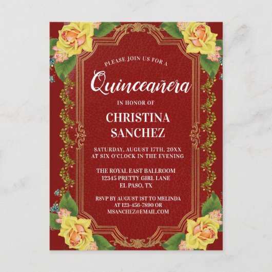 ヴィンテージブルガンディイエローローズキンセアニェラ誕生日 ポストカード (正面)