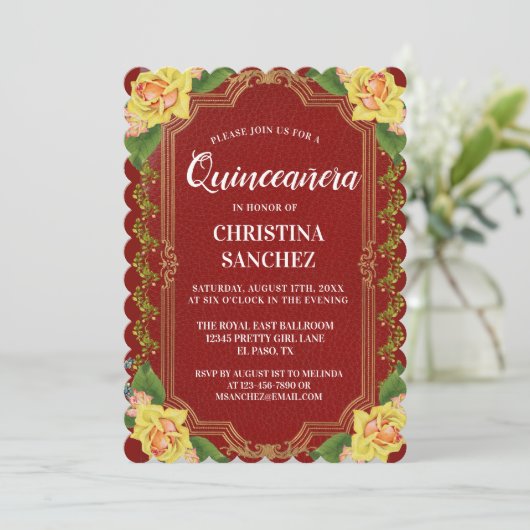 ヴィンテージブルガンディイエローローズキンセアニェラ誕生日 招待状 (スタンド正面)