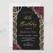 ヴィンテージブルガンディフローラ金ゴールドレースパールス誕生日  招待状 (正面)