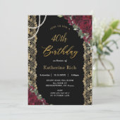 ヴィンテージブルガンディフローラ金ゴールドレースパールス誕生日  招待状 (スタンド正面)