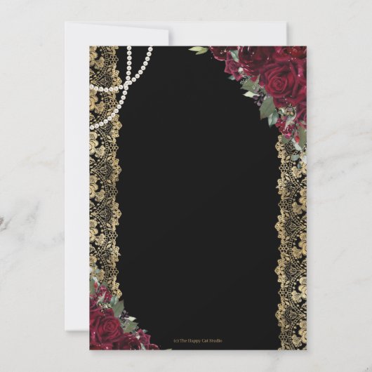 ヴィンテージブルガンディフローラ金ゴールドレースパールス誕生日 招待状 (裏面)