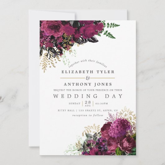 ヴィンテージブルゴーニュと金ゴールドシャビーフローラ結婚ズ 招待状 (正面)