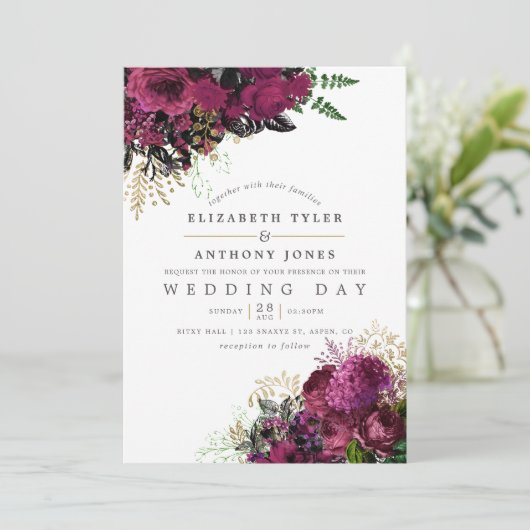 ヴィンテージブルゴーニュと金ゴールドシャビーフローラ結婚ズ 招待状 (スタンド正面)