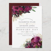 ヴィンテージブルゴーニュと金ゴールドシャビーフローラ結婚ズ 招待状 (正面/裏面)