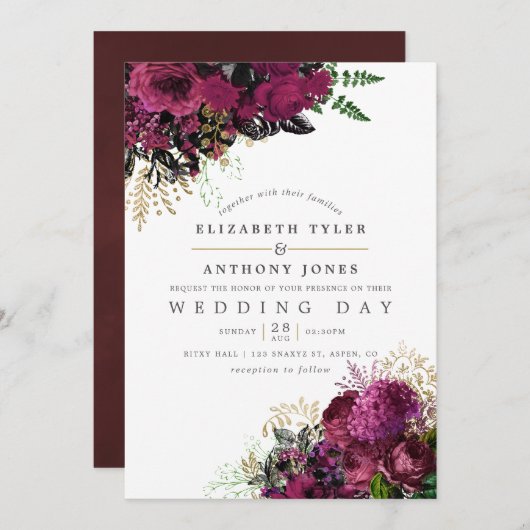 ヴィンテージブルゴーニュと金ゴールドシャビーフローラ結婚ズ 招待状 (正面/裏面)