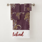ヴィンテージブルゴーニュと金ゴールドダマスクカスタム バスタオルセット (インサイチュ)