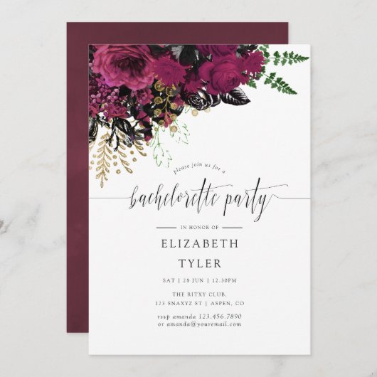 ヴィンテージブルゴーニュと金ゴールドフローラバチェロレッテ 招待状 (正面/裏面)