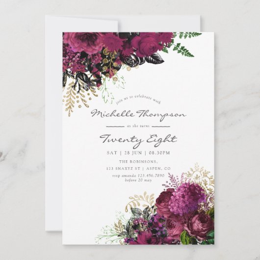 ヴィンテージブルゴーニュと金ゴールドフローラ任意の年齢誕生日 招待状 (正面)