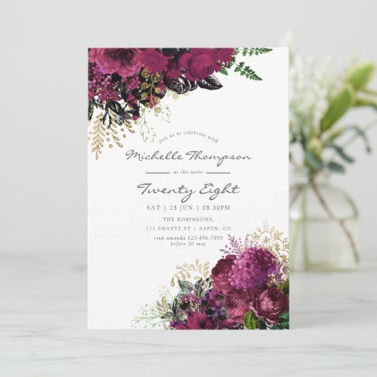 ヴィンテージブルゴーニュと金ゴールドフローラ任意の年齢誕生日 招待状 (スタンド正面)