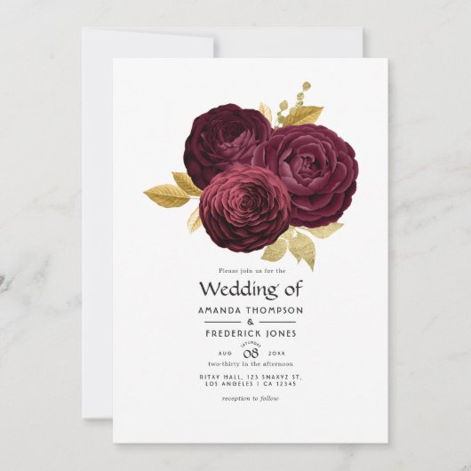 ヴィンテージブルゴーニュと金ゴールドフローラ結婚ズ 招待状 (正面)