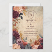 ヴィンテージブルゴーニュと金ゴールドフローラ結婚ズ 招待状 (正面)